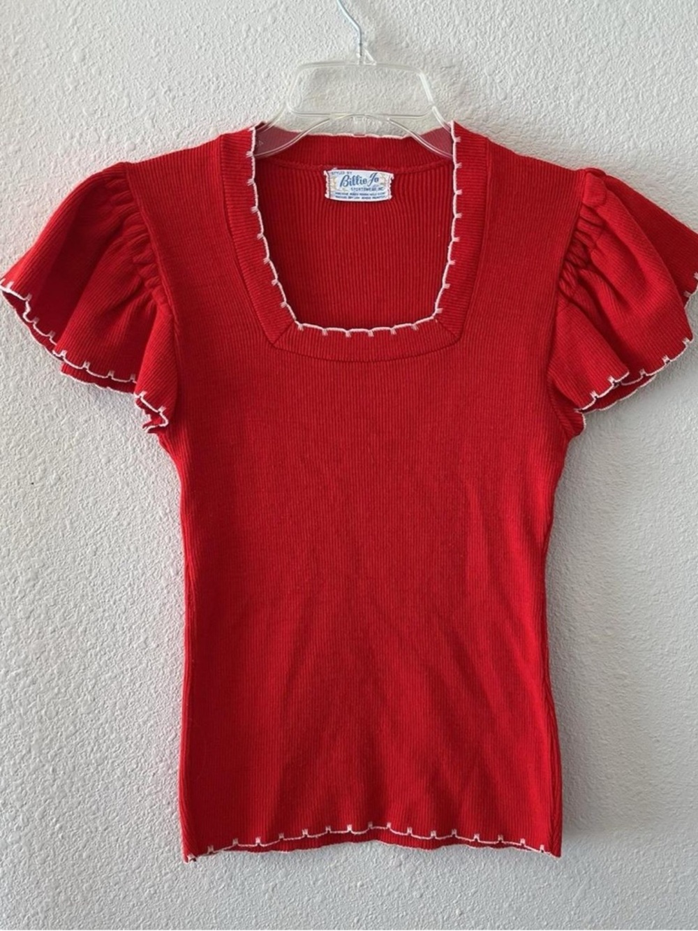 Red Square-Neck Puff Sleeve Top